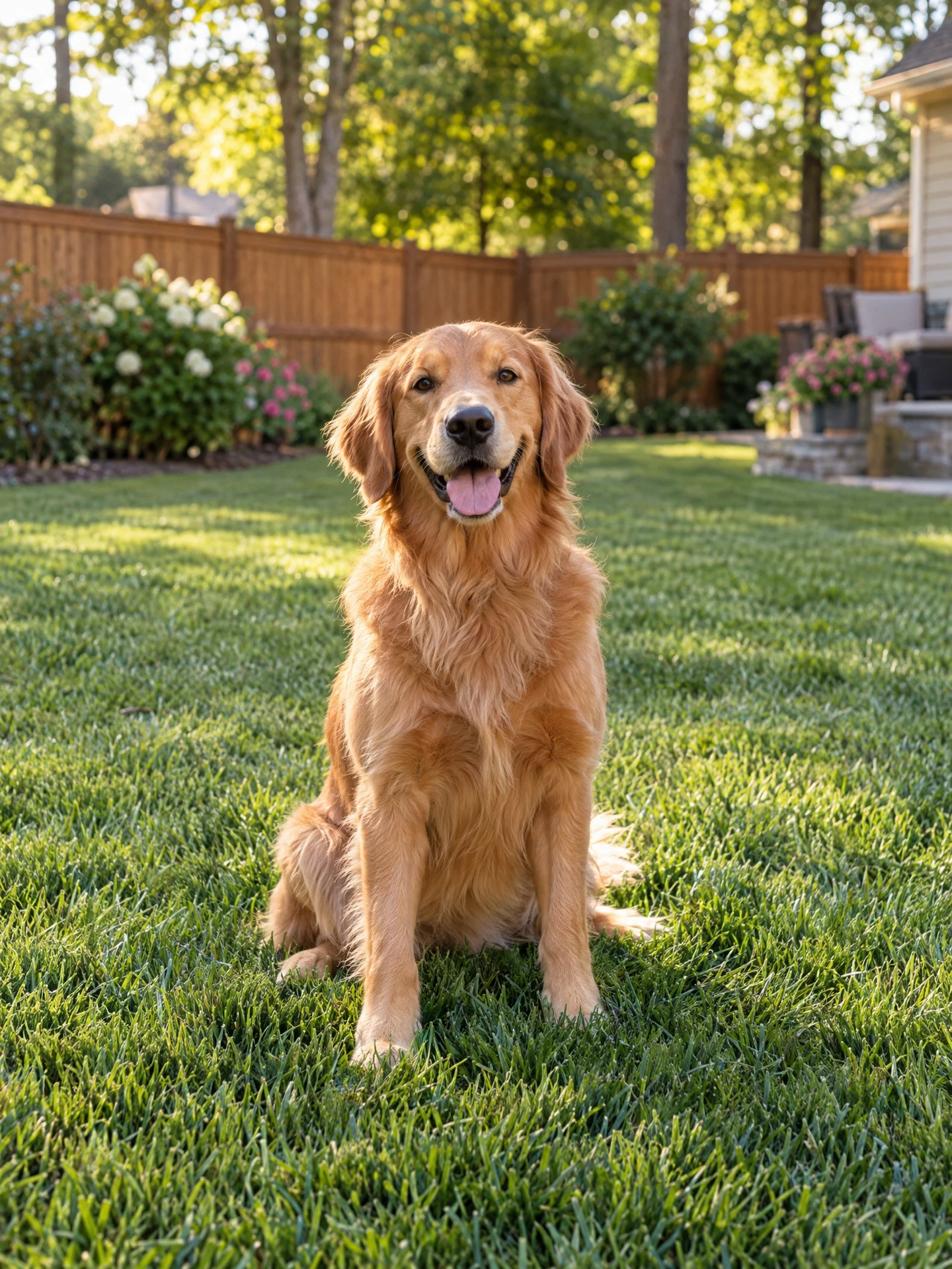 Happy golden retriever relaxing on green grass in a realistic sunny backyard