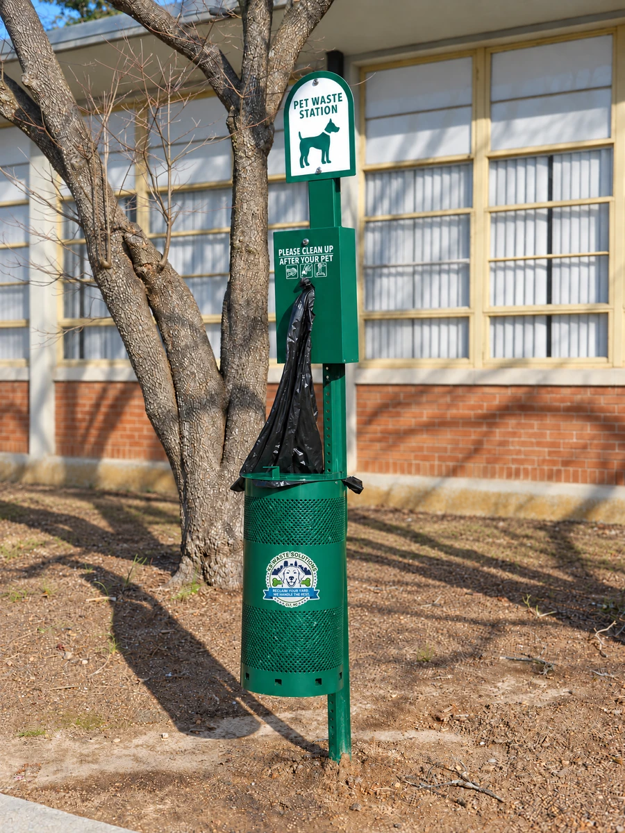 Pet waste station with a bag dispenser and waste container