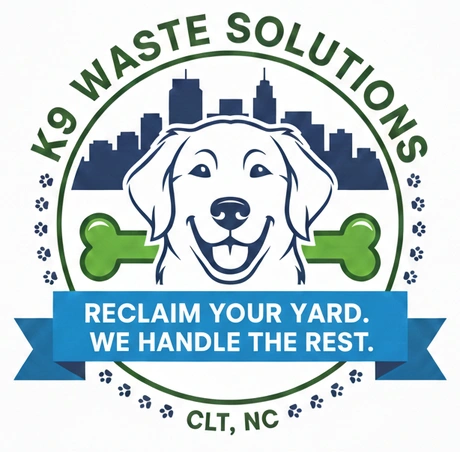 K9 Waste Solutions original dog and Charlotte logo — Reclaim your yard. We handle the rest.